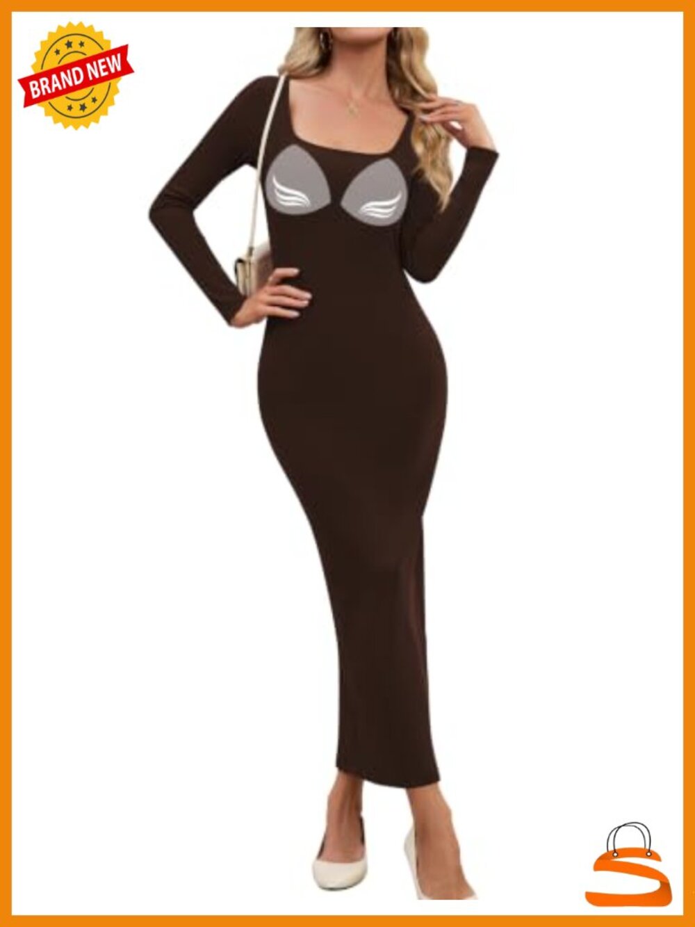 Built in Bra Long Sleeve Square Neck Bodycon Maxi Dress Slim Fit